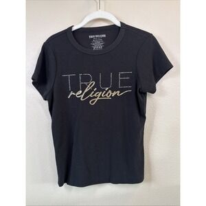True Religion Top  T-Shirt Women's Size Small Black Silver Gold Ribbed Stretch